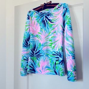 Lilly Pulitzer Aleah top in vibrant blue, pink and green print